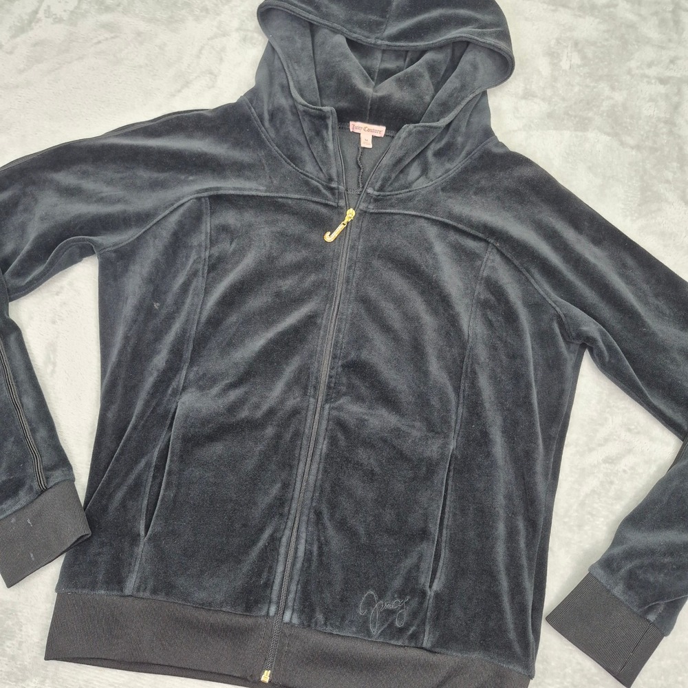 Juicy Couture Black Velour Full Zip Hoodie Jacket Rhinestone J Pull Women M FAIR